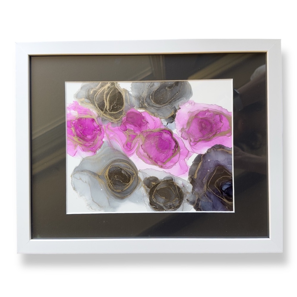 Framed Abstract Fluid Art – Black, Fuchsia & Metallic Ink – Signed by Artist